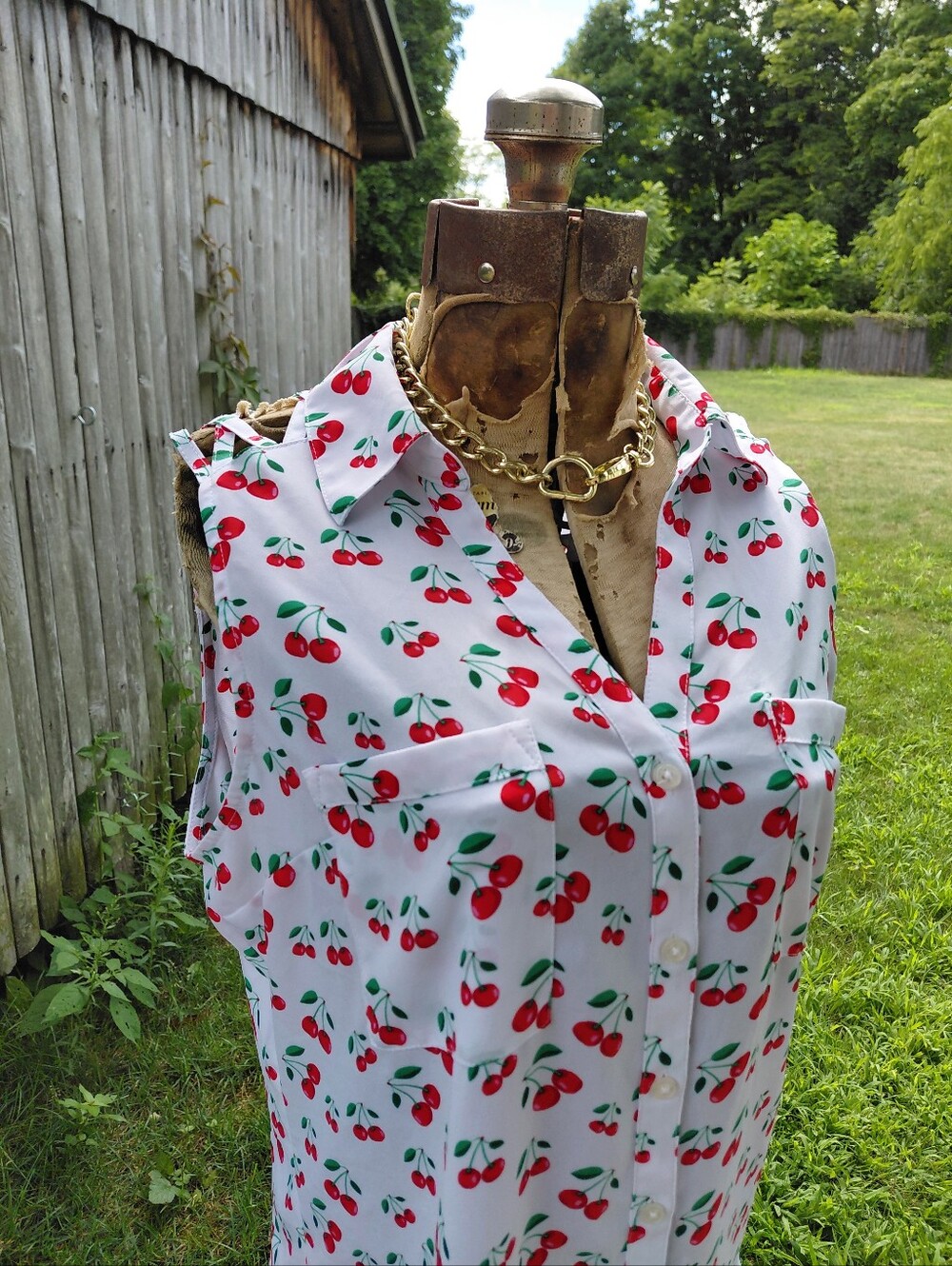 Express cherry print sleeveless Portofino button front blouse shirt Womens L